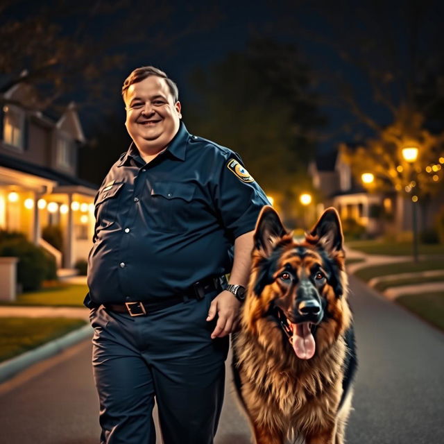 A fat, friendly-looking security guard in a navy blue uniform, walking through a well-lit suburban society at night