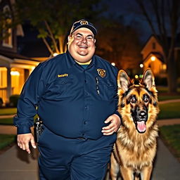 A fat, friendly-looking security guard in a navy blue uniform, walking through a well-lit suburban society at night