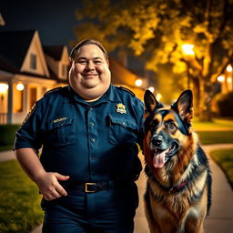 A fat, friendly-looking security guard in a navy blue uniform, walking through a well-lit suburban society at night