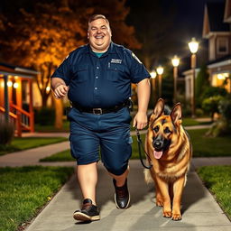 A fat, friendly-looking security guard in a navy blue uniform, walking through a well-lit suburban society at night