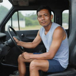 A 40-year-old Indonesian truck driver dressed in a sleeveless t-shirt and shorts, seated behind the truck's steering wheel.