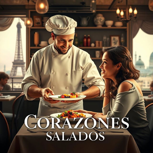 A romantic movie poster titled 'Corazones Salados', featuring a passionate male chef in a bustling Parisian kitchen, skillfully plating a beautiful dish with an array of vibrant colors