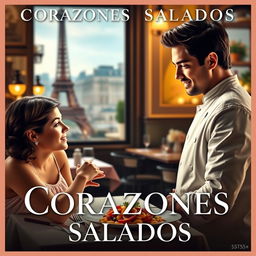 A romantic movie poster titled 'Corazones Salados', featuring a passionate male chef in a bustling Parisian kitchen, skillfully plating a beautiful dish with an array of vibrant colors