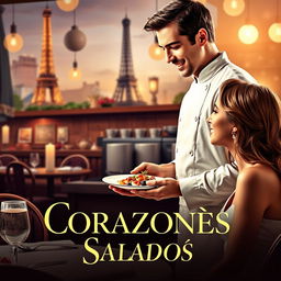 A romantic movie poster titled 'Corazones Salados', featuring a passionate male chef in a bustling Parisian kitchen, skillfully plating a beautiful dish with an array of vibrant colors