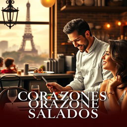 A romantic movie poster titled 'Corazones Salados', featuring a passionate male chef in a bustling Parisian kitchen, skillfully plating a beautiful dish with an array of vibrant colors