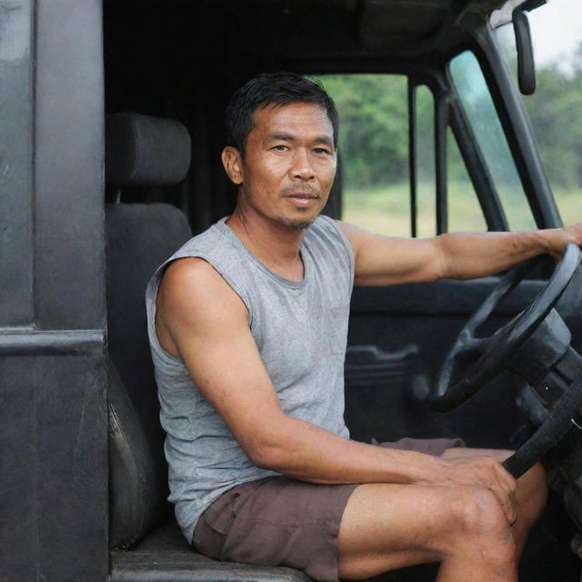 A 40-year-old Indonesian truck driver dressed in a sleeveless t-shirt and shorts, seated behind the truck's steering wheel.