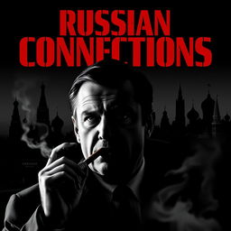 A high quality black and white realistic movie poster featuring Jarosław Kaczyński in the foreground, smoking a cigar with a confident expression