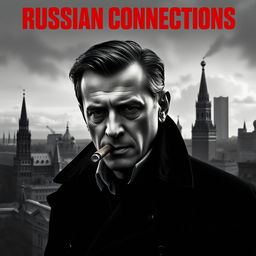 A high quality black and white realistic movie poster featuring Jarosław Kaczyński in the foreground, smoking a cigar with a confident expression