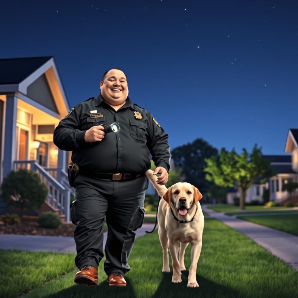 A fat, cheerful security guard in a dark uniform, on night duty in a vibrant suburban neighborhood