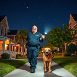 A fat, cheerful security guard in a dark uniform, on night duty in a vibrant suburban neighborhood