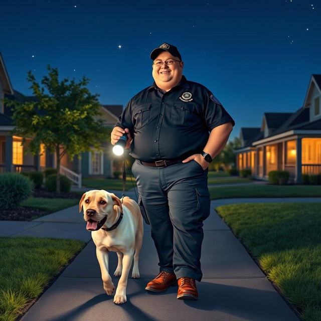 A fat, cheerful security guard in a dark uniform, on night duty in a vibrant suburban neighborhood