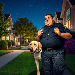 A fat, cheerful security guard in a dark uniform, on night duty in a vibrant suburban neighborhood