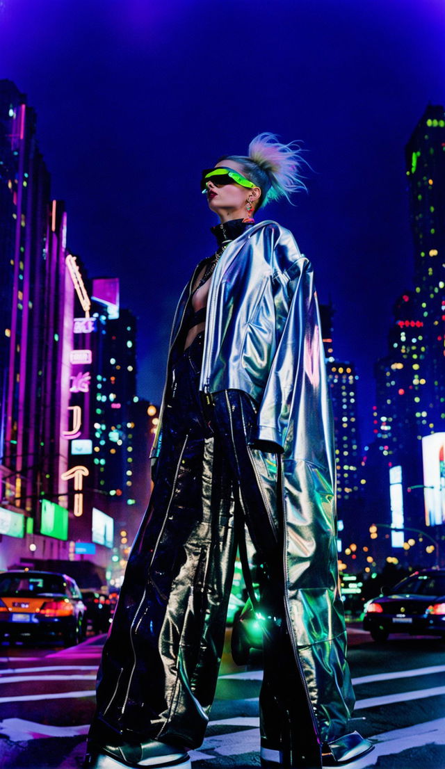 A fashion model in mode streetwear poses in a neon-lit cityscape for a Vogue editorial. Her outfit includes a metallic jacket, black leather pants with neon accents, chunky boots, and a neon visor. Shot on Agfa Vista 200 film with a 2:3 aspect ratio and shutter speed of 750.