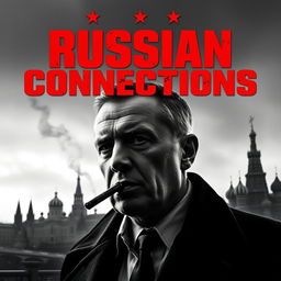 A high quality black and white realistic movie poster featuring a Polish man, Jarosław Kaczyński, prominently in the foreground, smoking a cigar with a serious demeanor