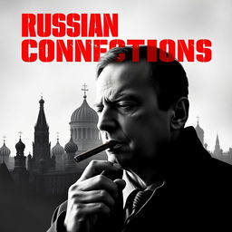 A high quality black and white realistic movie poster featuring a Polish man, Jarosław Kaczyński, prominently in the foreground, smoking a cigar with a serious demeanor