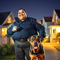 A fat Indian security guard dressed in a dark blue uniform, smiling confidently as he stands on night duty in a residential society
