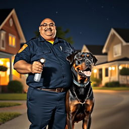 A fat Indian security guard dressed in a dark blue uniform, smiling confidently as he stands on night duty in a residential society