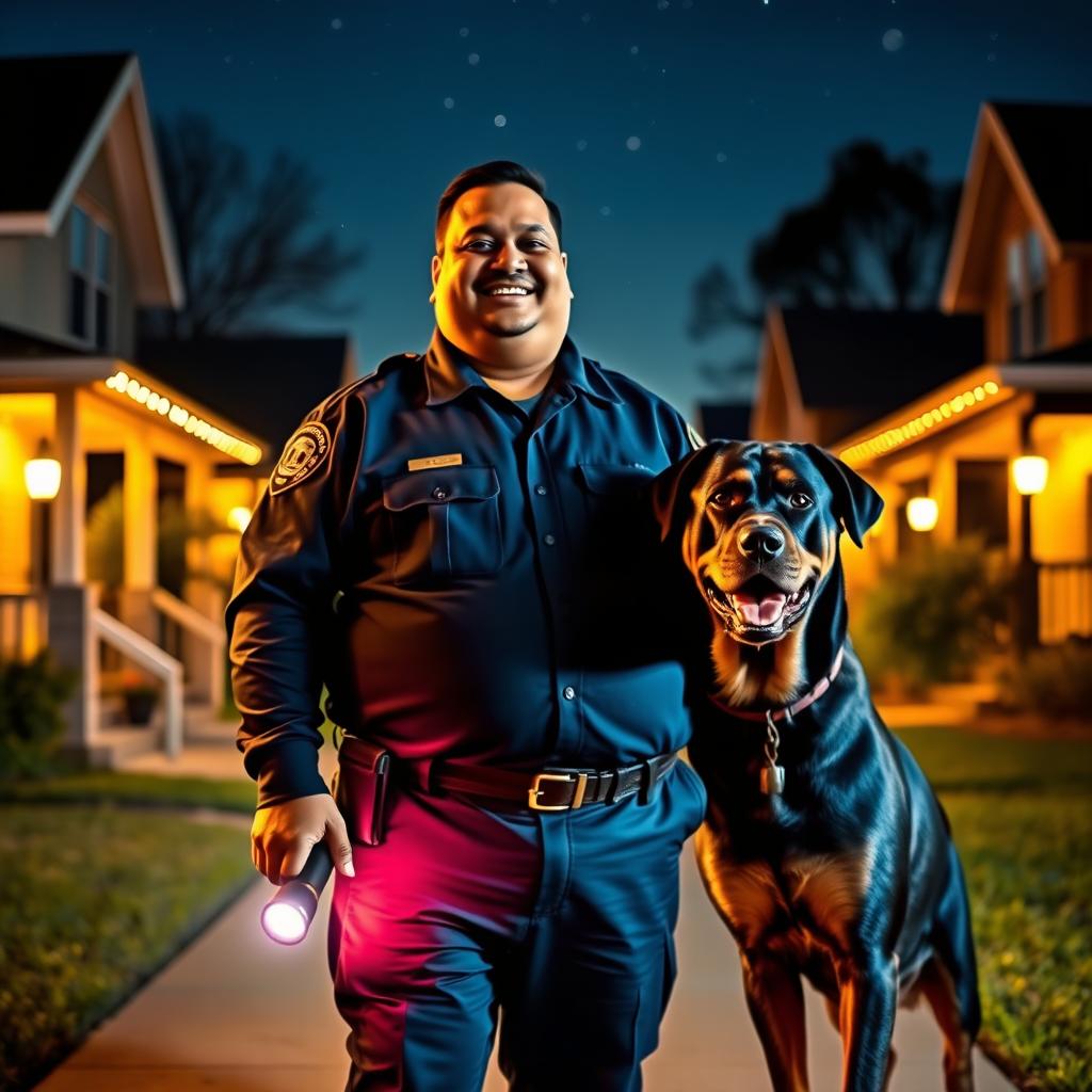 A fat Indian security guard dressed in a dark blue uniform, smiling confidently as he stands on night duty in a residential society