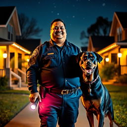 A fat Indian security guard dressed in a dark blue uniform, smiling confidently as he stands on night duty in a residential society