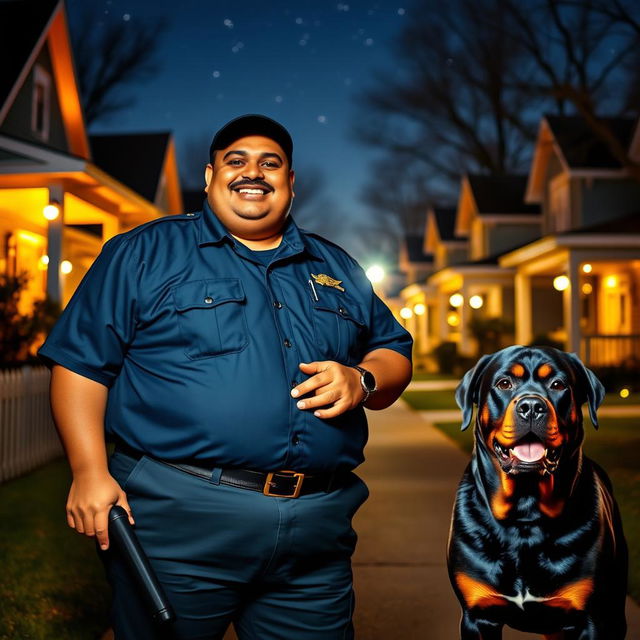 A fat Indian security guard dressed in a dark blue uniform, smiling confidently as he stands on night duty in a residential society