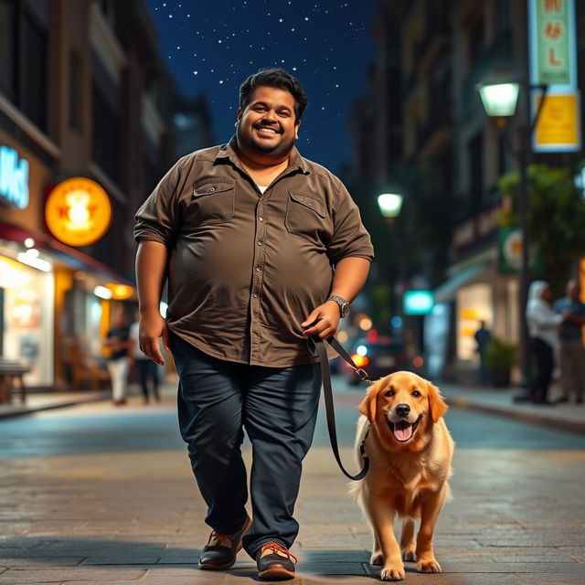 A fat Indian man in a casual attire, walking a friendly dog during night duty in a bustling urban neighborhood