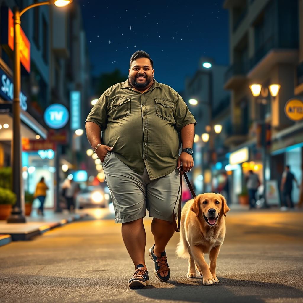 A fat Indian man in a casual attire, walking a friendly dog during night duty in a bustling urban neighborhood