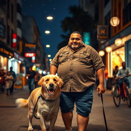 A fat Indian man in a casual attire, walking a friendly dog during night duty in a bustling urban neighborhood