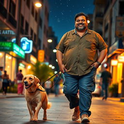 A fat Indian man in a casual attire, walking a friendly dog during night duty in a bustling urban neighborhood