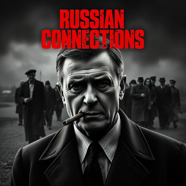 A high quality black and white realistic movie poster featuring a somber Jarosław Kaczyński in the foreground, quietly smoking a cigar with a grave expression