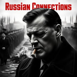 A high quality black and white realistic movie poster featuring a somber Jarosław Kaczyński in the foreground, quietly smoking a cigar with a grave expression