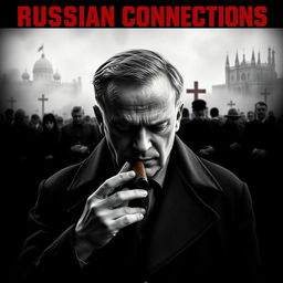 A high quality black and white realistic movie poster featuring a somber Jarosław Kaczyński in the foreground, quietly smoking a cigar with a grave expression