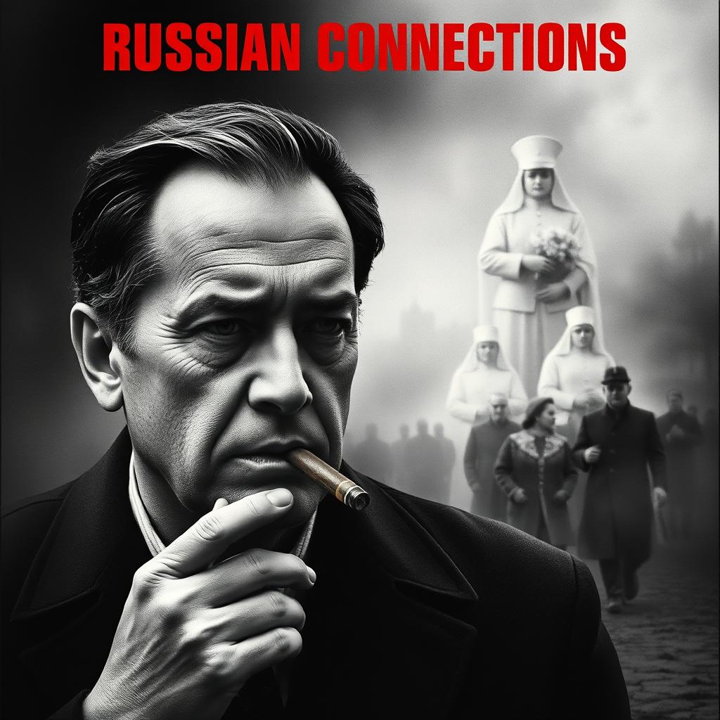 A high quality black and white realistic movie poster featuring a somber Jarosław Kaczyński in the foreground, quietly smoking a cigar with a grave expression