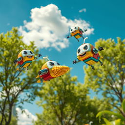 A whimsical scene featuring a bright blue sky dotted with fluffy white clouds and vibrant green trees swaying gently in the breeze