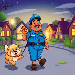 A colorful cartoon illustration of a fat Indian man in a bright blue uniform, happily walking a playful dog during night duty in a friendly neighborhood