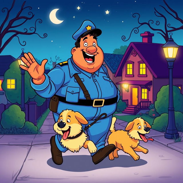 A colorful cartoon illustration of a fat Indian man in a bright blue uniform, happily walking a playful dog during night duty in a friendly neighborhood