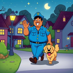A colorful cartoon illustration of a fat Indian man in a bright blue uniform, happily walking a playful dog during night duty in a friendly neighborhood