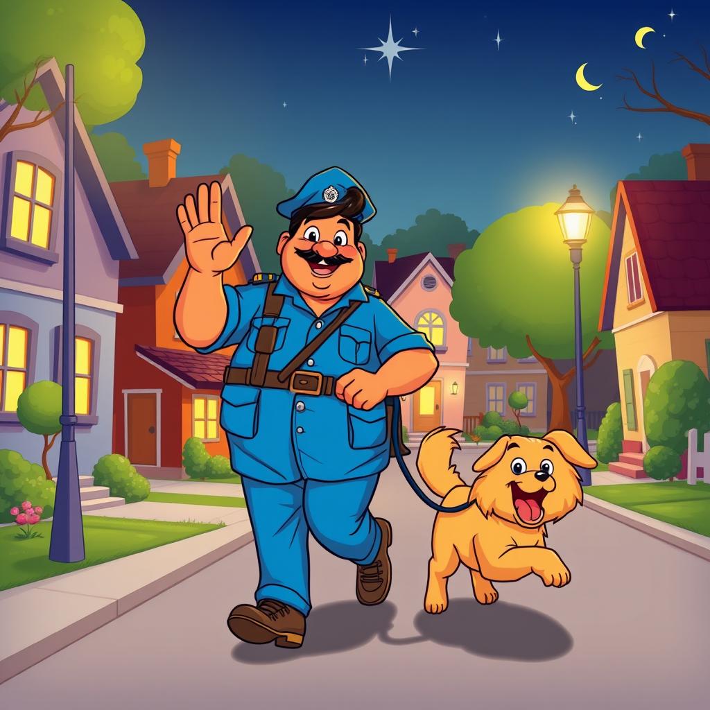 A colorful cartoon illustration of a fat Indian man in a bright blue uniform, happily walking a playful dog during night duty in a friendly neighborhood