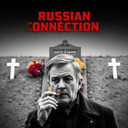 A high quality black and white realistic movie poster featuring a Polish man, Jarosław Kaczyński, in the foreground, smoking a cigar with a contemplative look