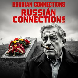 A high quality black and white realistic movie poster featuring a Polish man, Jarosław Kaczyński, in the foreground, smoking a cigar with a contemplative look