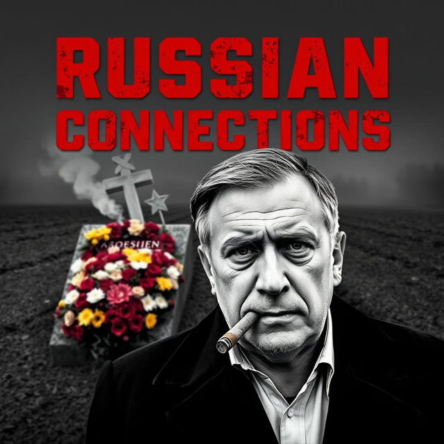 A high quality black and white realistic movie poster featuring a Polish man, Jarosław Kaczyński, in the foreground, smoking a cigar with a contemplative look