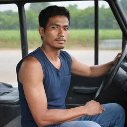 A 30-year-old Indonesian truck driver wearing a sleeveless t-shirt and jeans, sitting behind the steering wheel of a truck.