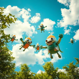 A vibrant scene capturing a bright blue sky filled with fluffy white clouds, with lush green trees in the foreground