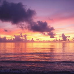 A breathtaking view of the ocean horizon at twilight, where the colors of the sunset blend beautifully into the water