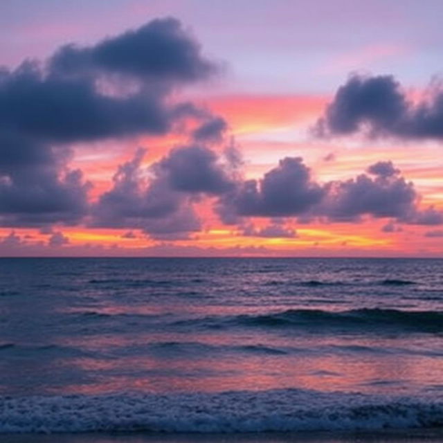 A breathtaking view of the ocean horizon at twilight, where the colors of the sunset blend beautifully into the water