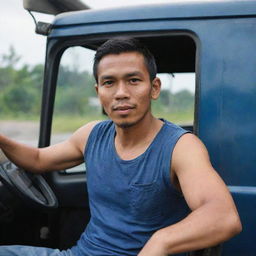 A 30-year-old Indonesian truck driver wearing a sleeveless t-shirt and jeans, sitting behind the steering wheel of a truck.