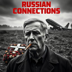 A high quality black and white realistic movie poster featuring a Polish individual, Jarosław Kaczyński, in the foreground, smoking a cigar with a solemn expression