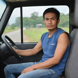 A 30-year-old Indonesian truck driver wearing a sleeveless t-shirt and jeans, sitting behind the steering wheel of a truck.