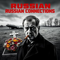 A high quality black and white realistic movie poster featuring a Polish individual, Jarosław Kaczyński, in the foreground, smoking a cigar with a solemn expression