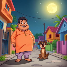 A whimsical cartoon scene depicting a cheerful, overweight Indian man dressed in traditional attire, such as a kurta and pajamas, along with his loyal dog