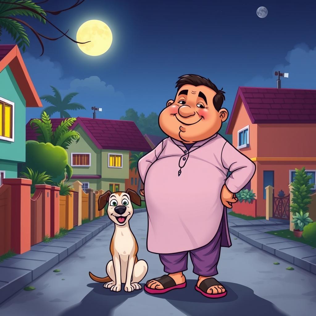 A whimsical cartoon scene depicting a cheerful, overweight Indian man dressed in traditional attire, such as a kurta and pajamas, along with his loyal dog